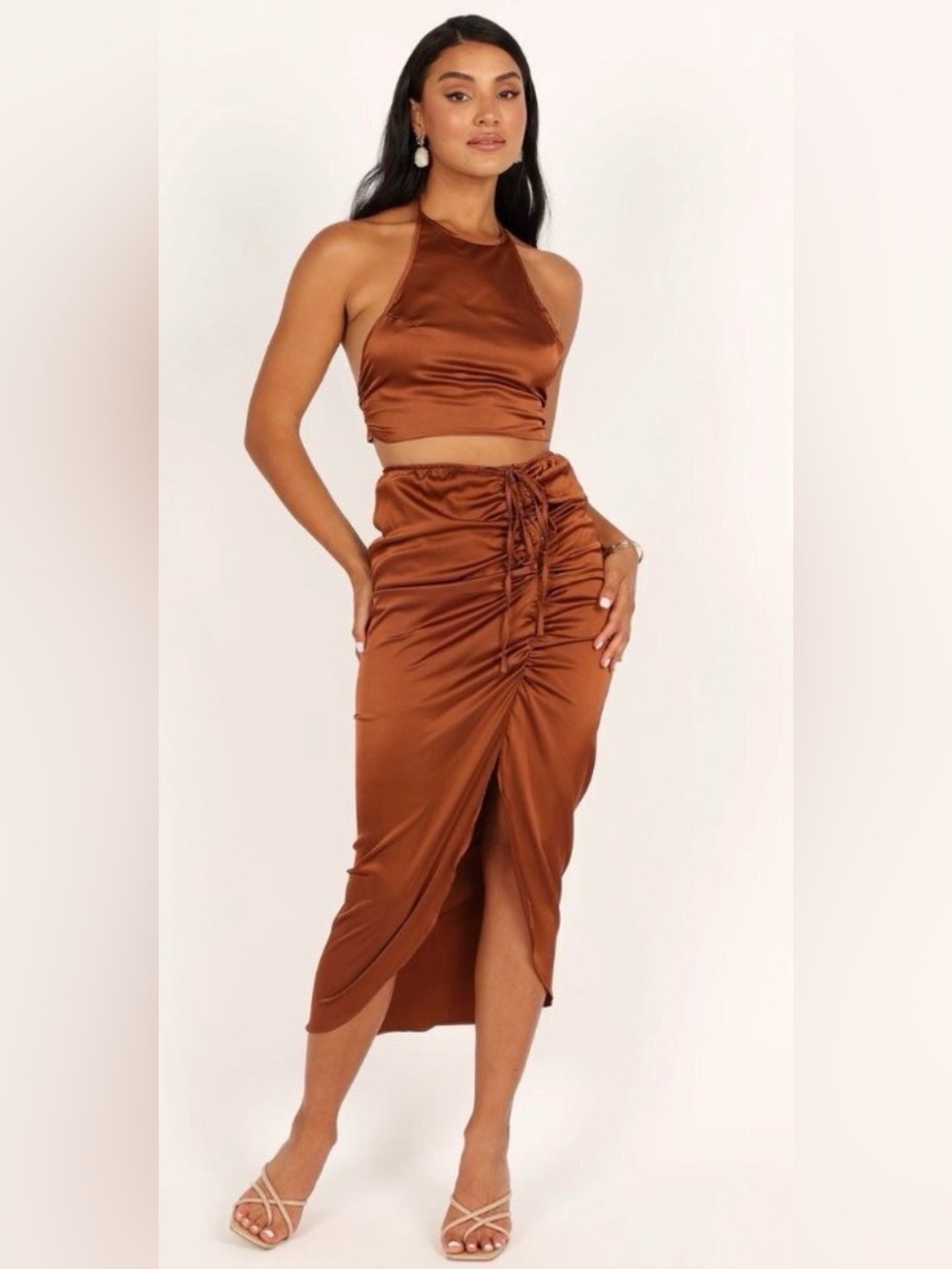 Mable x Petal & Pup NEW Angelique Open Back Satin Cognac Matching Set Size S